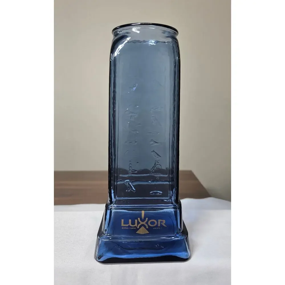 Vintage 1990 Luxor Hotel Casino Las Vegas Blue Glass Hieroglyphics Souvenir Vase